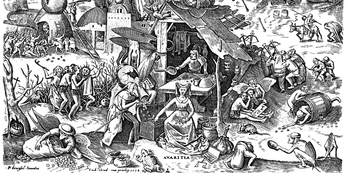 Pieter Bruegel d. Ä. (um 1525/30 – 1569 Brüssel): »Avaritia«, 1558 (Ausschnitt). Kupferstich, 22,5 × 29,5 cm. Brüssel, Bibliothèque Royale, Cabinet Estampes Public Domain
