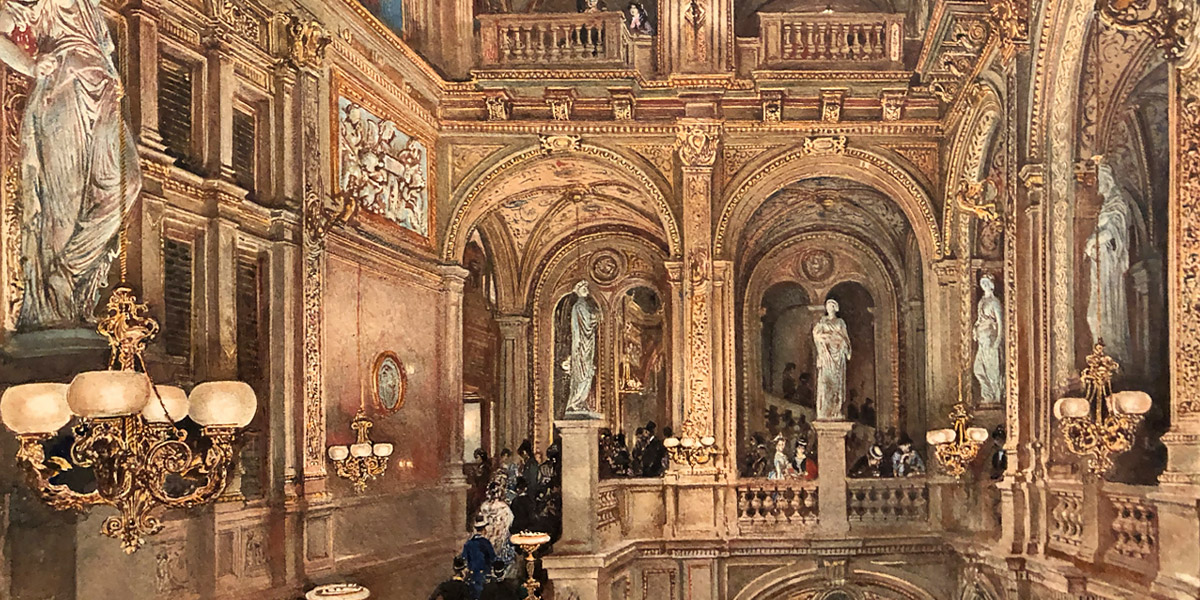 Rudolf von Alt: »Das Treppenhaus des k.k. Hof-Operntheaters«. Aquarell, 1873 (Ausschnitt) © Fürstliche Sammlungen Liechtenstein, Wien – Vaduz (Foto: Thomas Prochazka)