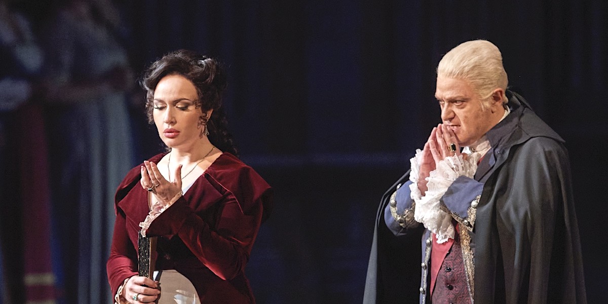 » Tosca « Elena Stikhina (Tosca) bei ihrem Haus-Debut mit Roberto Frontali (Barone Scarpia) © Wiener Staatsoper GmbH/Michael Pöhn