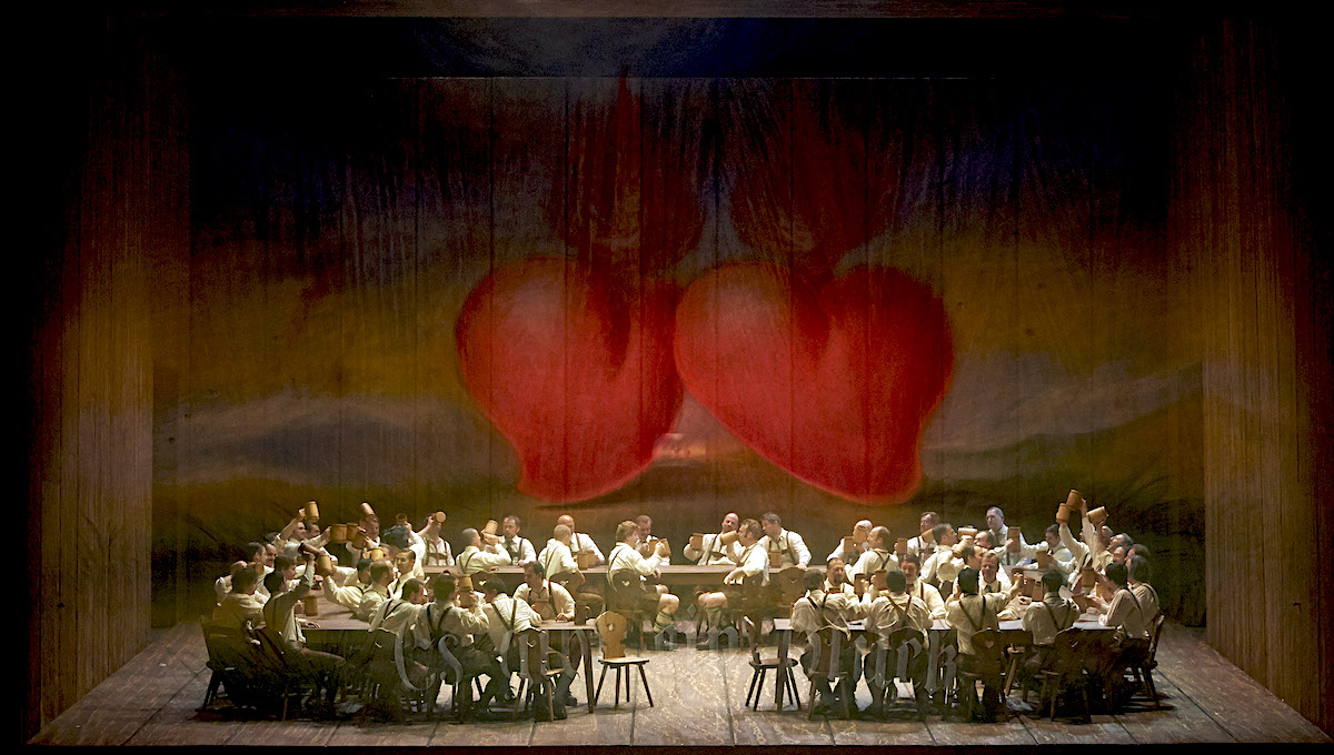 » Lohengrin «, 3. Aufzug: Die Kämpen in Brabant vor Lohengrins Gralserzählung in der Lesart von Andreas Homoki und dem Bühnenbild und Kostümen von Wolfgang Gussmann © Wiener Staatsoper/Michael Pöhn